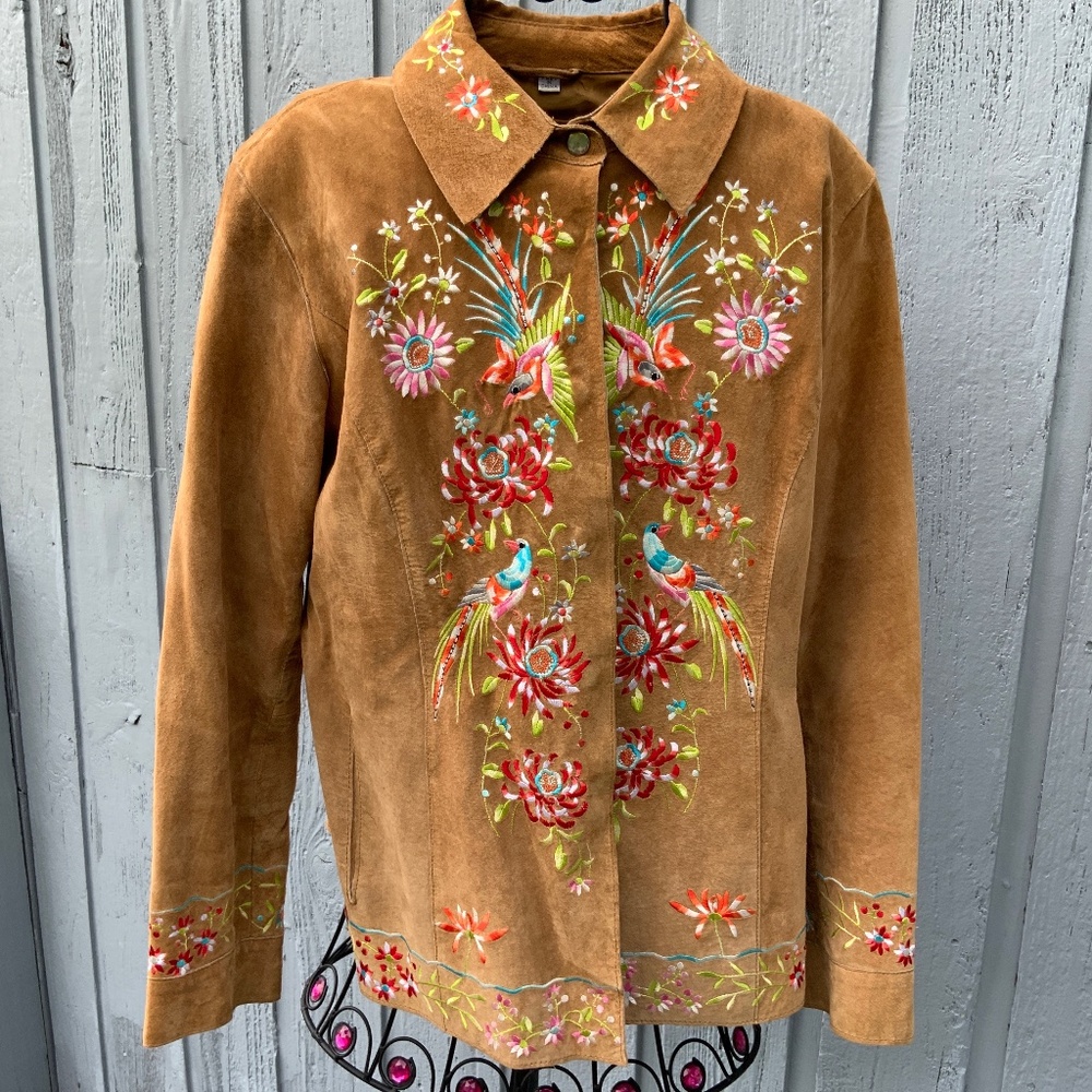 AVANTI NY Ladies Leather Jacket with Stunning Floral/Bird Embroidery (Size M)